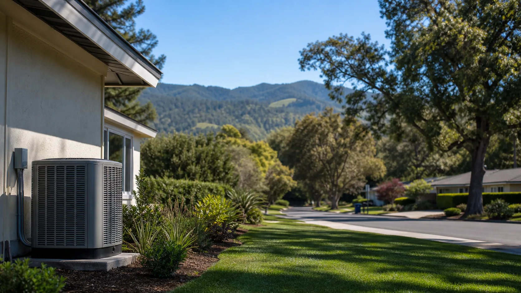 Modern outdoor air-conditioning condenser beside a well-kept single-story home on a tree-lined Redwood City street, with the Peninsula foothills and clear California sky behind.