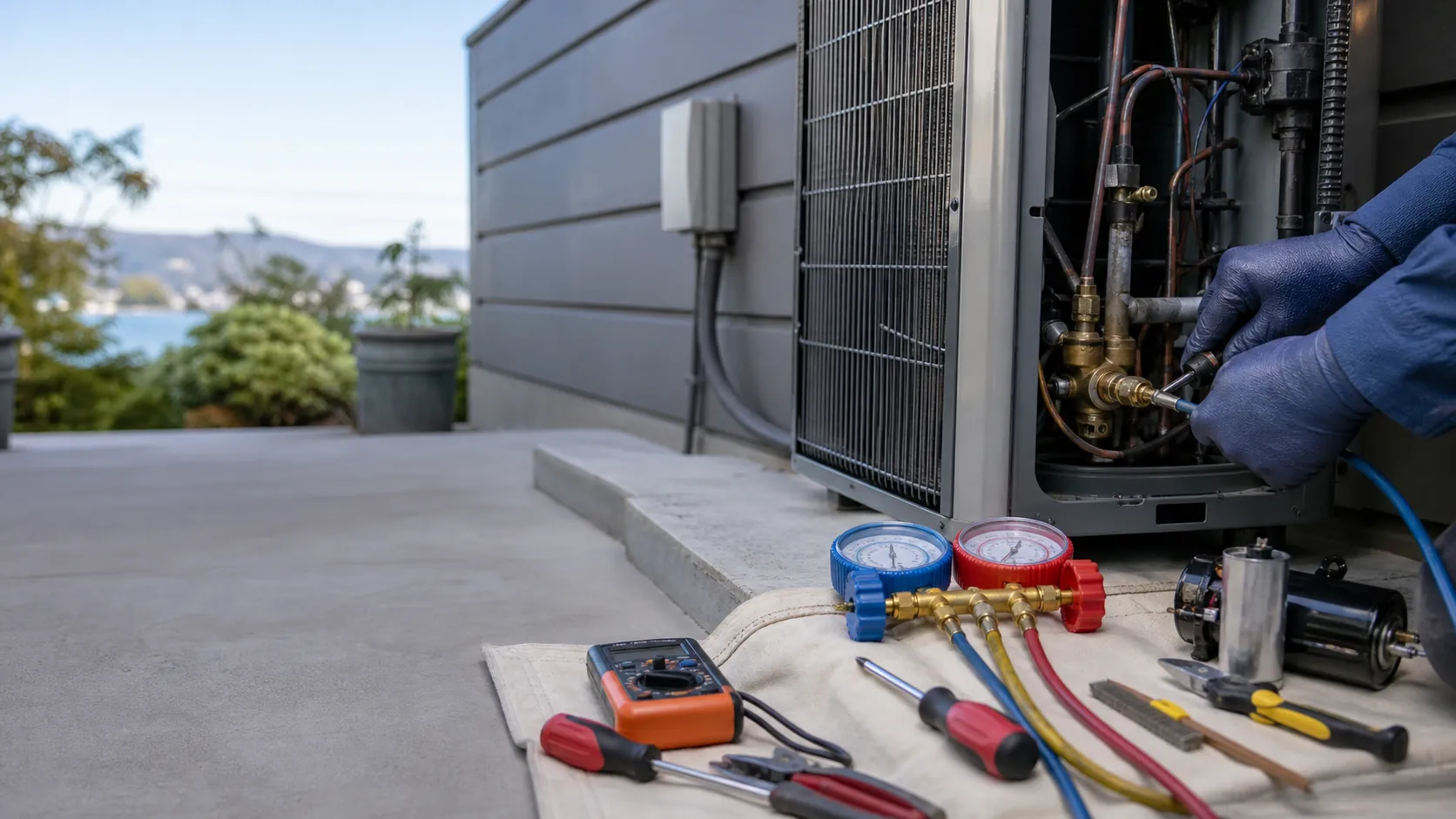 HVAC service tools and refrigerant manifold gauges arranged on a work cloth next to an open condenser, with gloved hands connecting a gauge hose to a service valve.